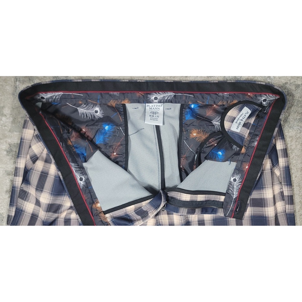 Platino Mann Plaid Blue Brown Golf Performance Regular Fit Chino Pants SZ 38x32 - Picture 4 of 8